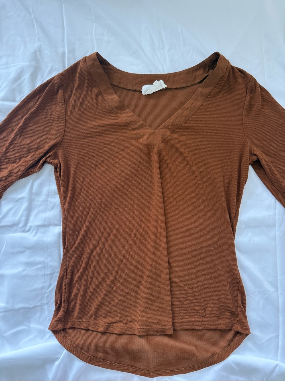 Anthropologie Brown Ribbed V-Neck Top with Satin Trim Size Large